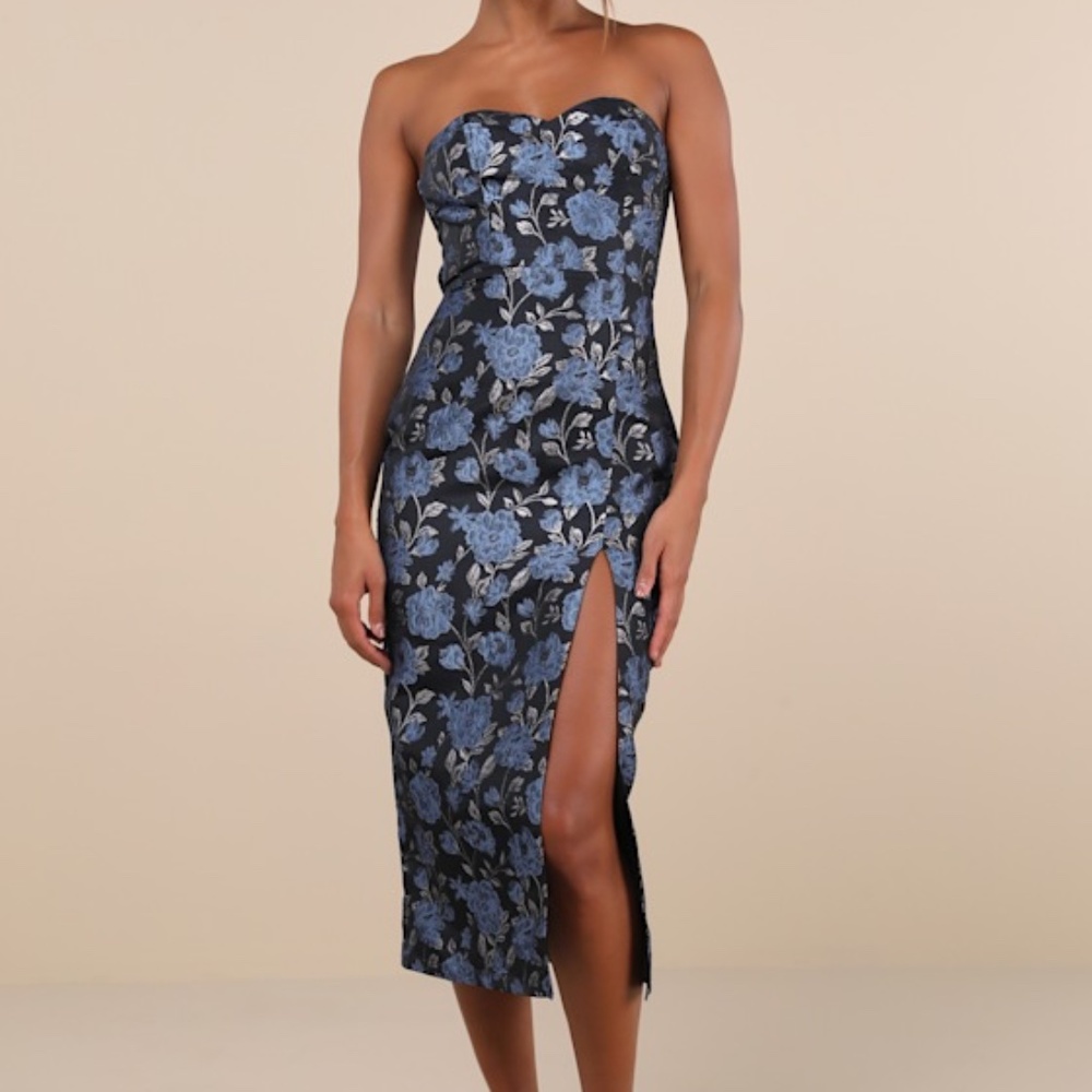 Lulus Beloved Belle Black Multi Jacquard Strapless Bow Midi Dress - Size XS